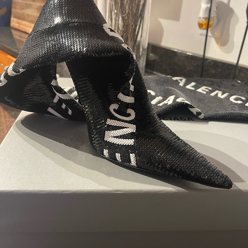Balenciaga Black Sequined Pointed Sock Boot with White Logo